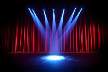 Dramatic Stage Lighting: Blue Spotlights on Red Curtains, Empty Stage, Theater Performance Background