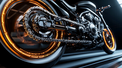 A close up of a motorcycle chain. The chain is silver and has many small silver balls on it. The chain is the main focus of the image and it is shiny and well-maintained