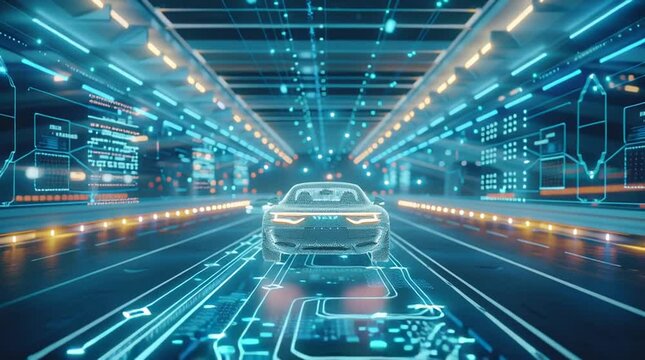 A hyper-realistic futuristic data center powering self-driving cars, rows of glowing supercomputers with cables and GPUs, real-time 3D maps and road simulations projected in the air, neural networks 