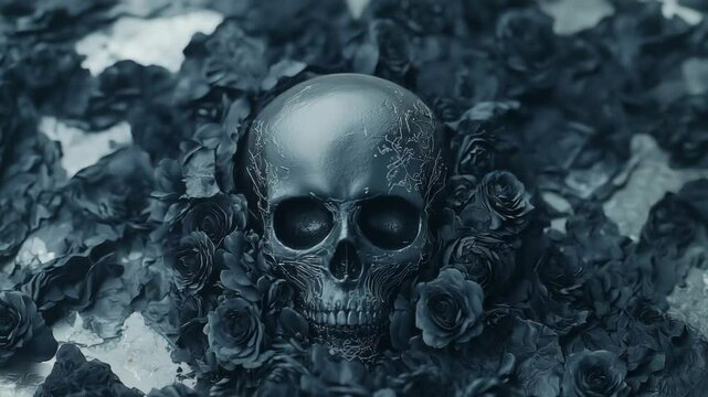 halloween concept. A human skull surrounded by dark, dramatic roses creates a haunting and gothic atmosphere.