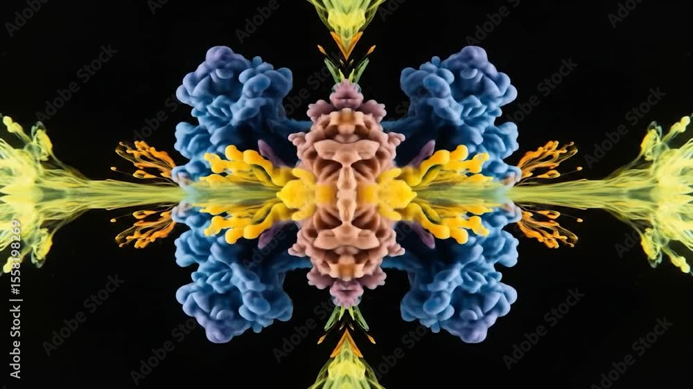 Poster symmetrical abstract image of multicolored ink swirling and exploding against a black background, cr