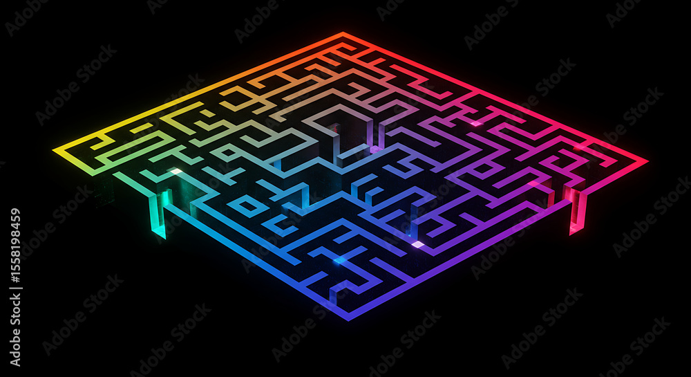 Poster a colorful, isometric maze with a glowing white dot navigating through its intricate pathways agains