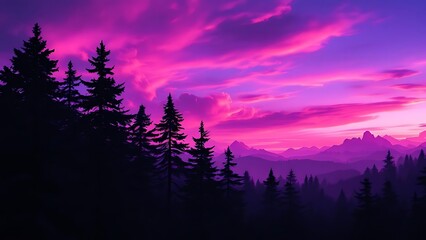 Naklejka premium Majestic purple sky over silhouetted pine forest pink clouds