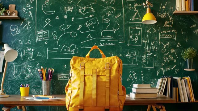 Yellow backpack rests on a desk with a green chalkboard filled with sketches in a busy classroom, Yellow backpack on a desk in front of a green chalkboard with school doodles