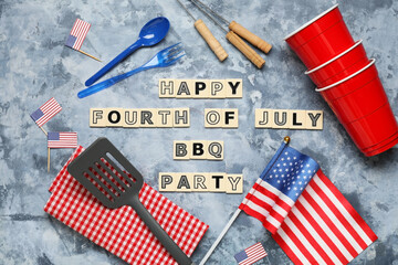 USA flag, words HAPPY FOURTH OF JULY BBQ PARTY and barbecue utensils on grey grunge background....