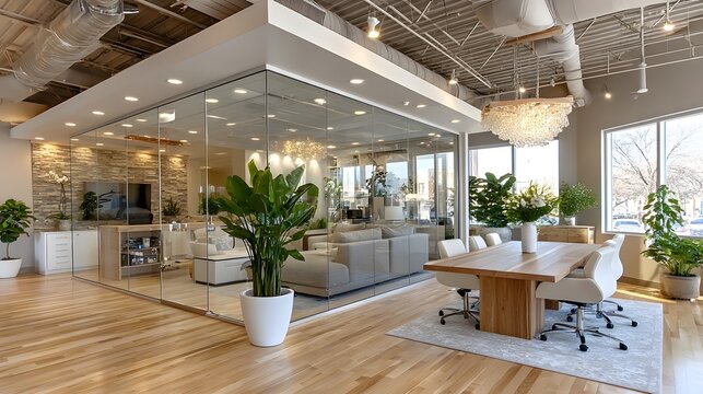 Stylish co-working office interior with glass walls high resolution picture