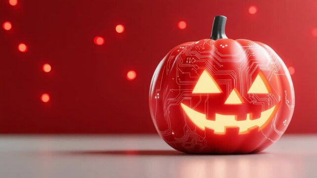 halloween concept. A glowing Jack-o'-lantern with a circuit board design is set against a red background with bokeh lights.