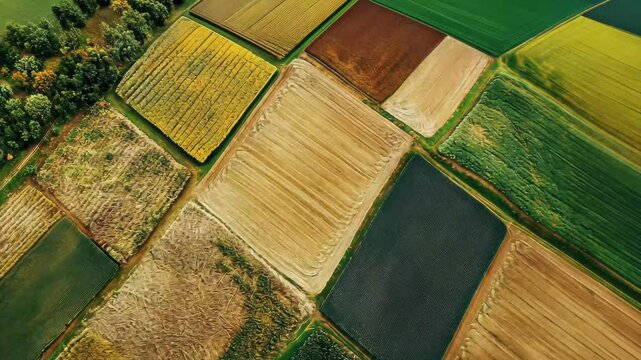Agricultural land in Tuscany showcases vibrant fields and structured farming patterns under the sunlight, Rural Scene Of Agricultural Land With Fields In Tuscany, Italy Aerial Wide Shot