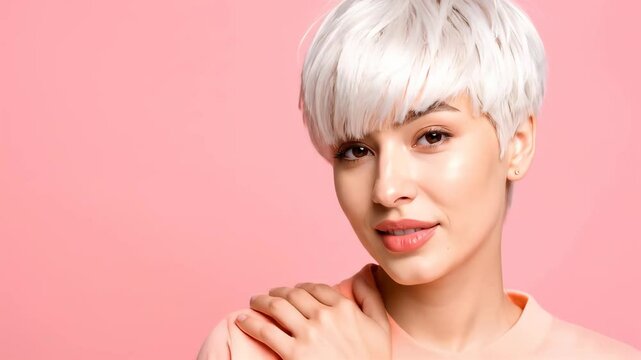 Elegant woman with platinum blonde pixie cut poses against a soft pink backdrop in a studio setting