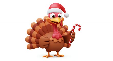 Cartoon turkey wearing santa hat with candy cane