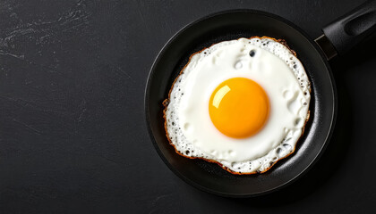 Top view of a fried egg sizzling on a non-stick pan, edges crispy and white bubbling