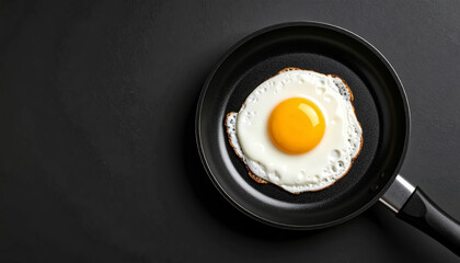 Top view of a fried egg sizzling on a non-stick pan, edges crispy and white bubbling