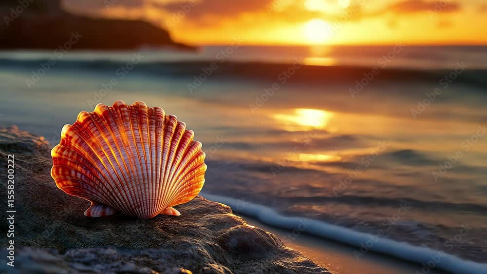 Poster vibrant seashell resting on textured rock during sunset by the ocean, vibrant seashell on textured r