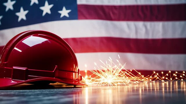 American flag background with red hard hat and coins celebrates Labor Day dedication and pride, Labor day concept background, american flag, helmet and firework video footage