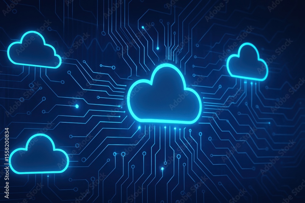 Poster cloud computing network: digital design of cloud connected in circuit board glowing with futuristic 