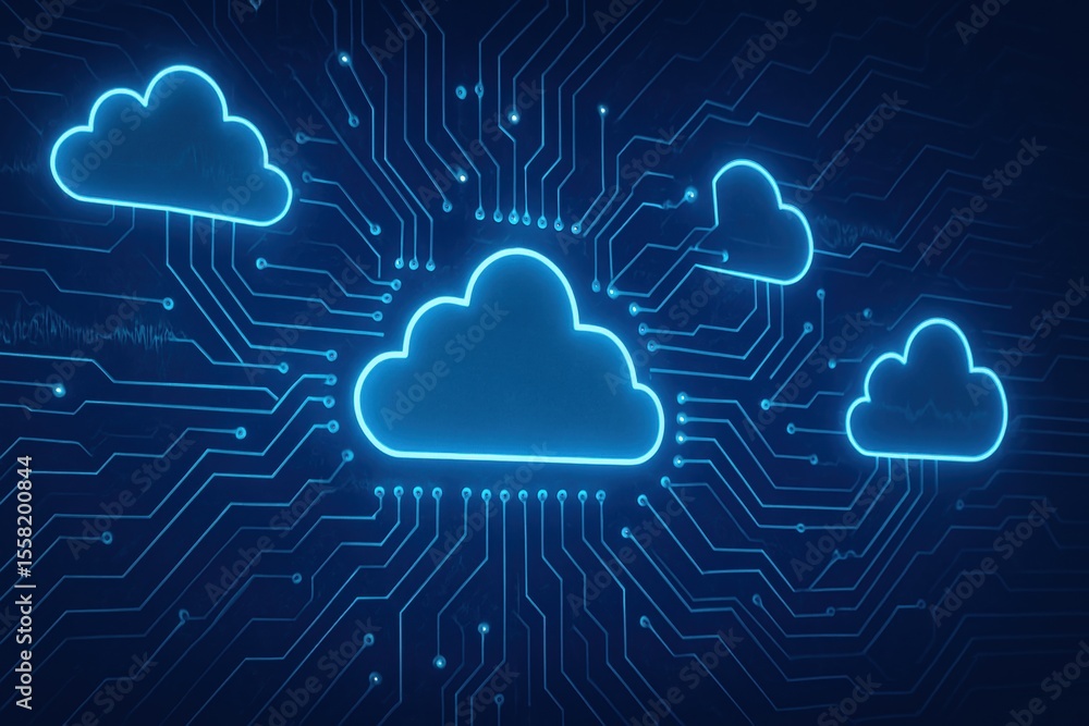 Poster cloud computing network: glowing blue cloud icons arranged on a circuit board background, symbolizin