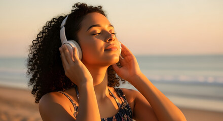 Serene woman with curly hair listening to music on headphones at the beach
