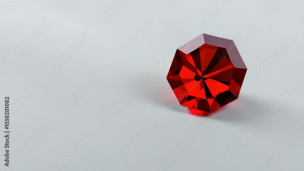 Poster a faceted red gemstone with sharp edges is placed on a smooth, light gray surface.