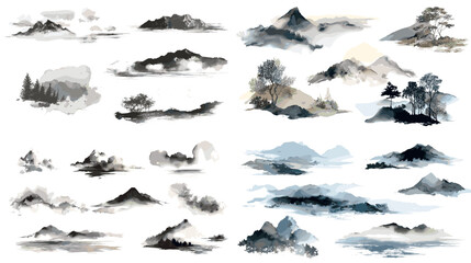 Elegant watercolor landscape illustrations in East Asian style, featuring mountains, forests, mist, and serene nature—ideal for backgrounds, prints, or zen-themed projects.

