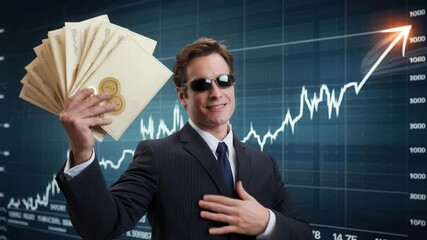 Confident business professional holding share certificate in front of a rising stock graph. - Powered by Adobe