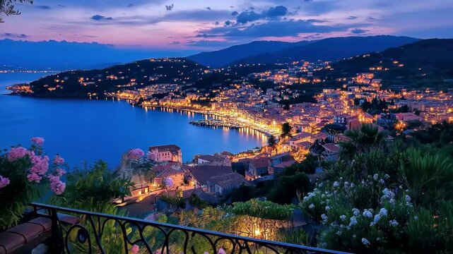Evening view of Perinaldo with its twinkling lights and serene coastline overlooking the Mediterranean Sea, View of Perinaldo in the Province of Imperia, Liguria, Italy