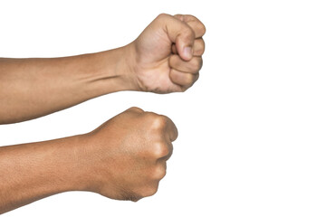 close up of male hand fist punching gesture bare hand isolated on white background