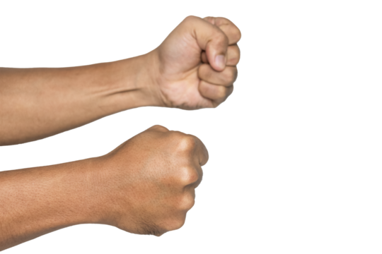 close up of male hand fist punching gesture bare hand isolated on white background