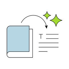 AI Summarizer icon. Open book with text lines icon. Automated Content Condensation, Text Summarization, AI-Powered Writing Efficiency, Smart Text Tools.Vector illustration.