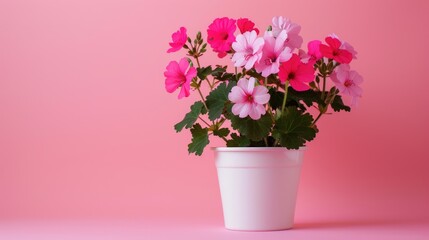 Fototapeta premium Bright geranium flowers in a pot bloom in clusters on top of lush green leaves on a pink background.