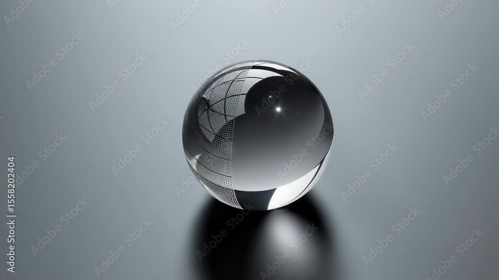 Poster a transparent glass sphere sits on a smooth, dark surface, reflecting light and window shapes in a m