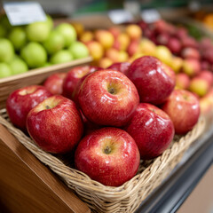 Red apples in a basket at a grocery store display.