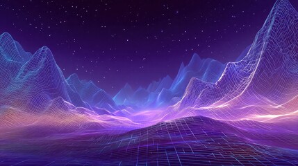 Wireframe dreamscape Digital mountains under a starry night sky.