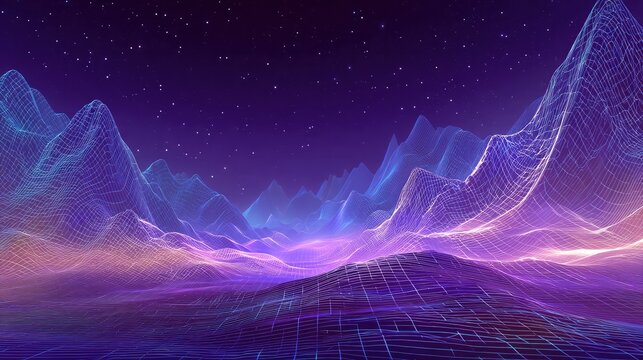Wireframe dreamscape Digital mountains under a starry night sky.