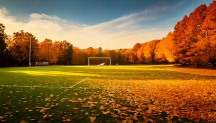 Football Field in Autumn with Vibrant Fall Leaves"