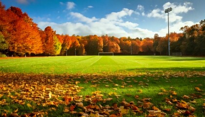 Football Field in Autumn with Vibrant Fall Leaves"