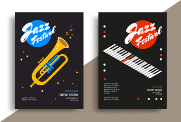 Jazz music festival poster featuring yellow trumpet and stylized piano keys on dark backgrounds with geometric decorative elements