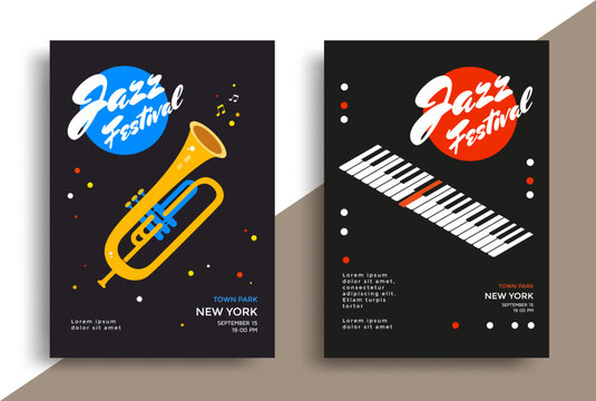 Jazz music festival poster featuring yellow trumpet and stylized piano keys on dark backgrounds with geometric decorative elements