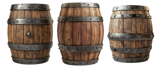 Fototapeta premium Traditional Wooden Barrels with Metal Bands for Storage and Display, Isolated on Transparent, white background