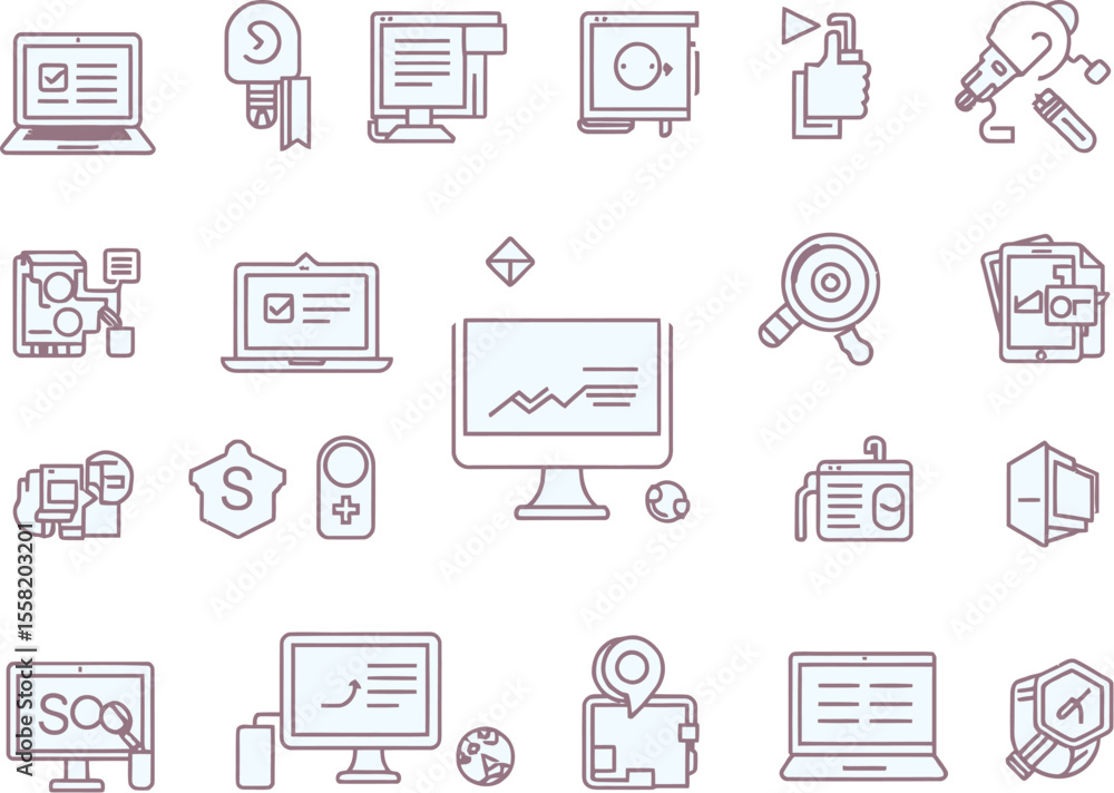 Poster web design business vector set of computer icons for internet communication, office, and mobile bank