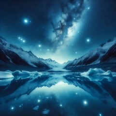 Fototapeta premium Milky Way reflected in still glacier lake under silent, snowy peaks