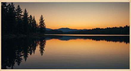 Peaceful lake at sunrise, reflecting a silhouette of trees and mountains.
