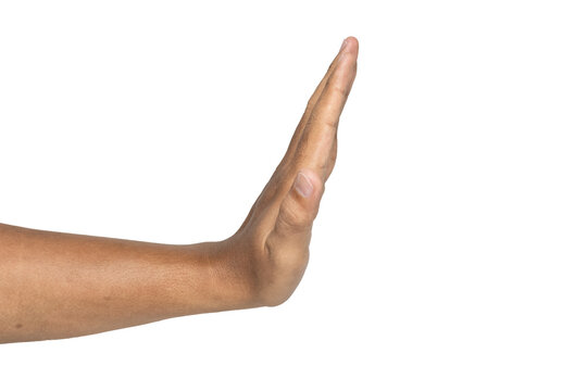 side view of man hand showing stop gesture sign isolated on white background
