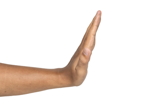 side view of man hand showing stop gesture sign isolated on white background