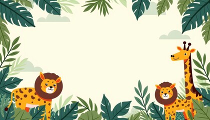 Fototapeta premium Animal jungle themed frame cartoon animals empty center space