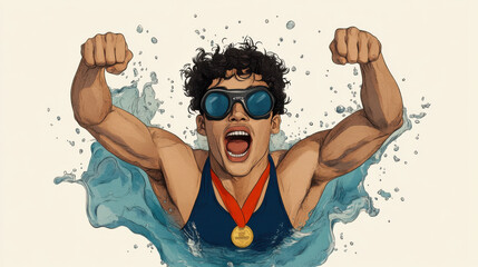 Swimmer triumphantly emerges from water, wearing goggles and gold medal, expressing joy and victory. dynamic splash and vibrant colors convey energy and excitement
