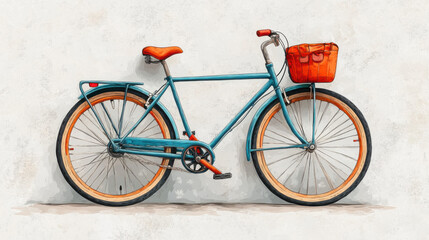 Obraz premium Vintage style blue bicycle with orange seat and basket stands against textured background, evoking sense of nostalgia and adventure. bike classic design and vibrant colors make it visually