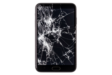 Mobile Phone with Cracked Screen and Spiderweb Fractures, isolated on a transparent background