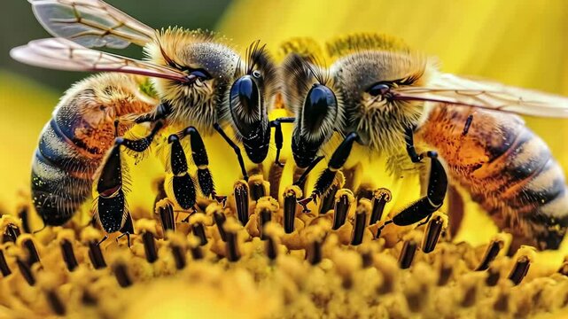 Honey bees gather pollen from a sunflower during a sunny day in summer, Two honey bees on sunflower collecting pollen, closeup