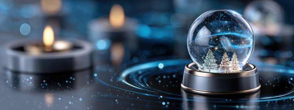 Minimalistic snow globe hologram above black reflective surface in warm ambiance