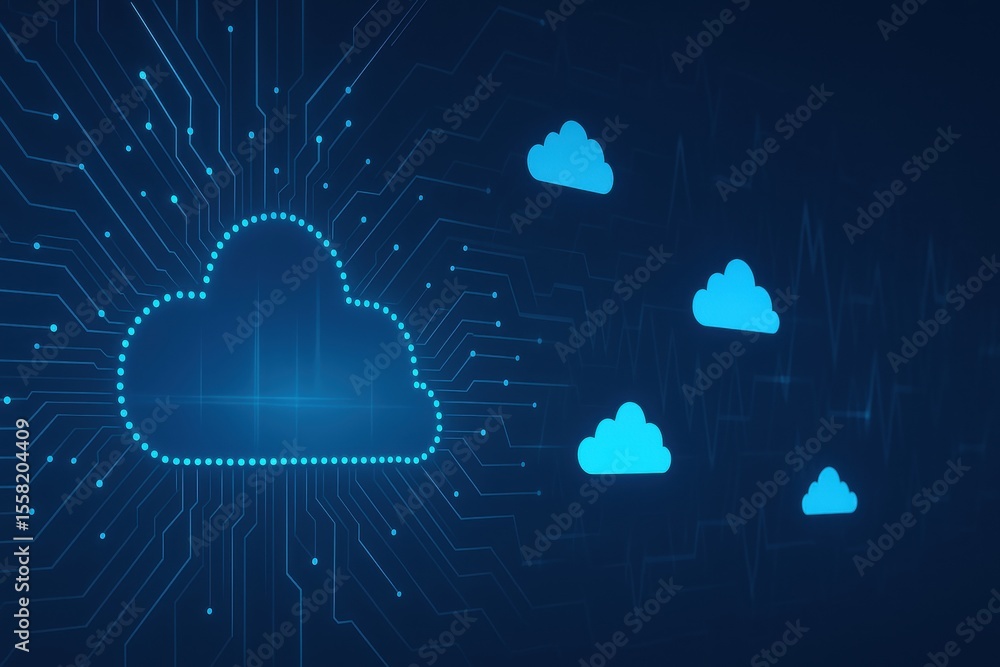 Poster cloud data concept: a digital illustration of cloud computing, featuring stylized cloud icons and ci